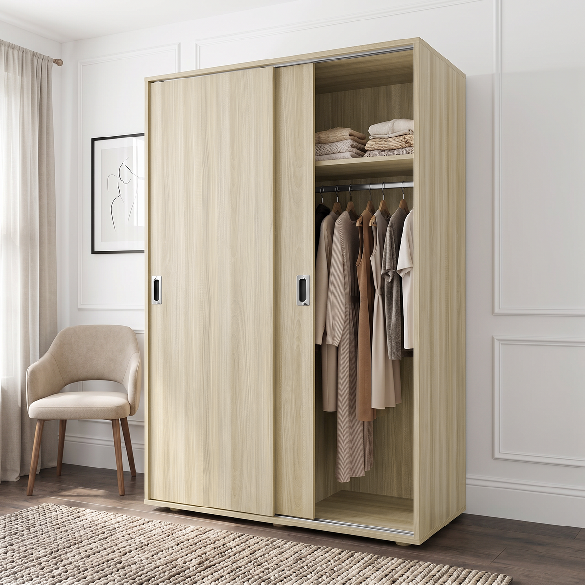 [Light Oak] Torvek angled wardrobe view with open right section, pale wood grain, and bedroom chair.
