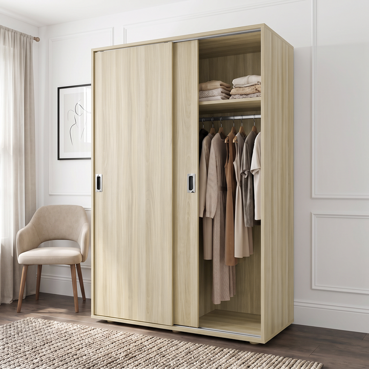 [Light Oak] Torvek angled wardrobe view with open right section, pale wood grain, and bedroom chair.
