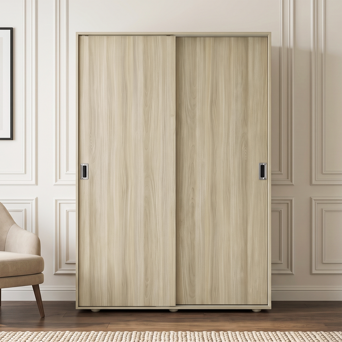 [Light Oak] Torvek closed sliding wardrobe shown front-on with pale wood grain and recessed handles.