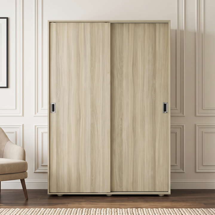 [Light Oak] Torvek closed sliding wardrobe shown front-on with pale wood grain and recessed handles.
