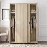[Light Oak] Torvek open wardrobe view with hanging rails, shelves, folded textiles, and sliding panels.