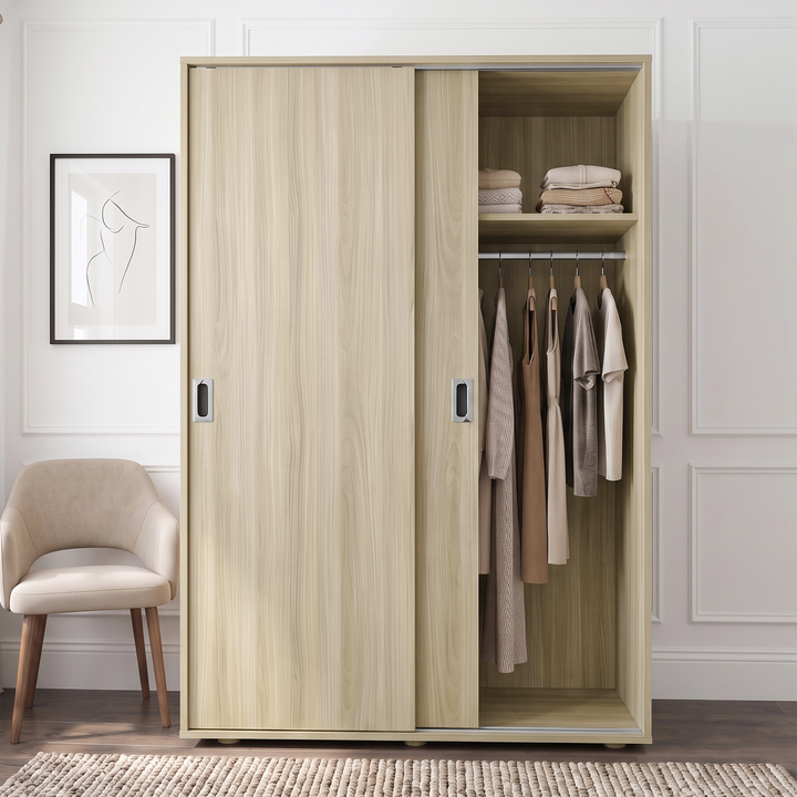 [Light Oak] Torvek wardrobe shown partly open from the right, with shelves, rail, and neutral clothes.