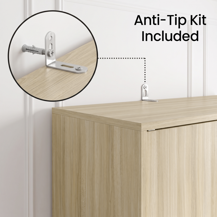 [Light Oak] Torvek anti-tip kit detail showing wall bracket, fixing screw, and pale wood top panel.