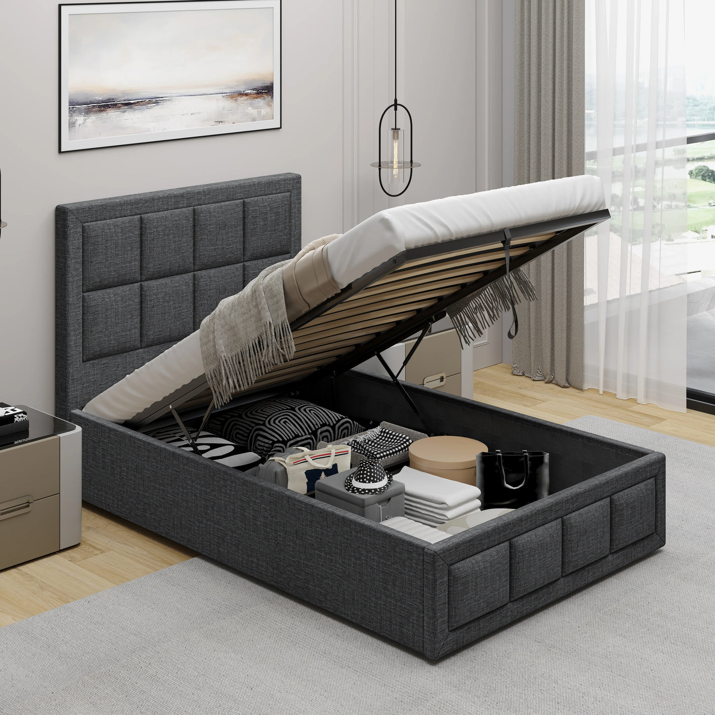 Dark grey Single Ottoman Storage Bed with mattress lifted to show ample under-bed storage space, perfect for organizing bedroom essentials.
