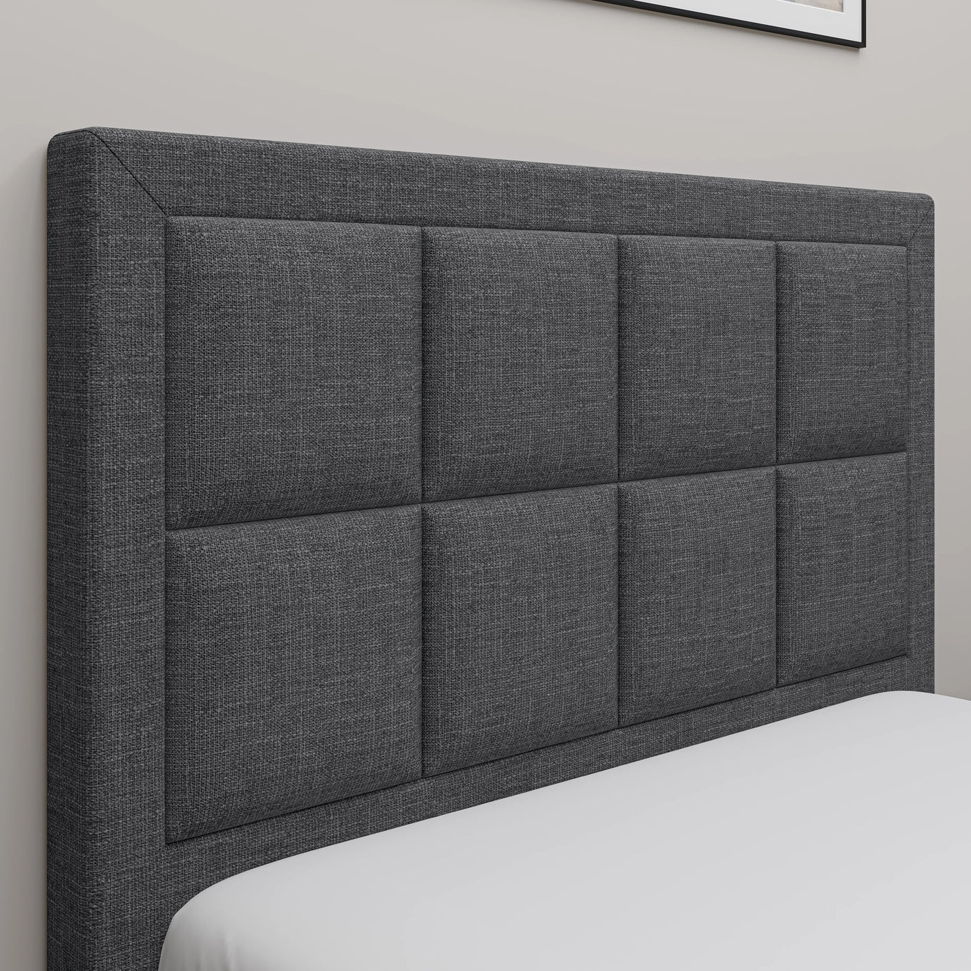 Detail view of the dark grey upholstered headboard on the Single Ottoman Bed, featuring a stylish square panel design for a contemporary look.
