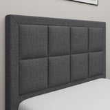Detail view of the dark grey upholstered headboard on the Single Ottoman Bed, featuring a stylish square panel design for a contemporary look.