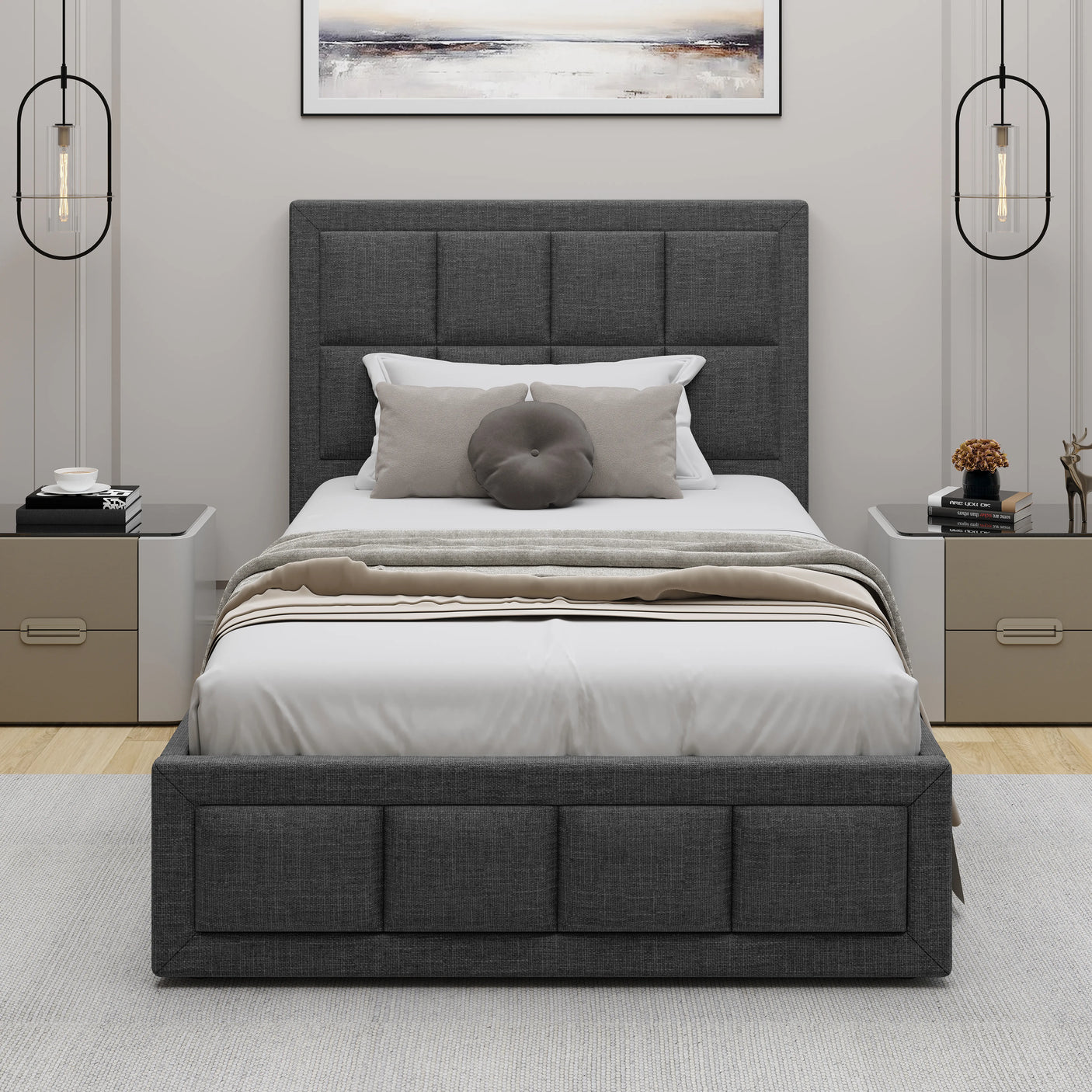 Front-facing view of the dark grey Single Ottoman Bed With Headboard, set in a modern bedroom with neutral tones and elegant lighting.