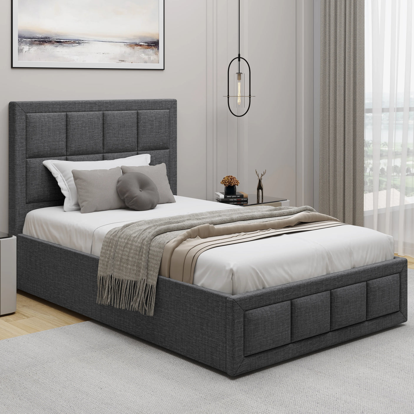 Single Ottoman Bed Frame With Headboard in dark grey fabric, offering a sleek, space-saving solution for modern or minimalist interiors.