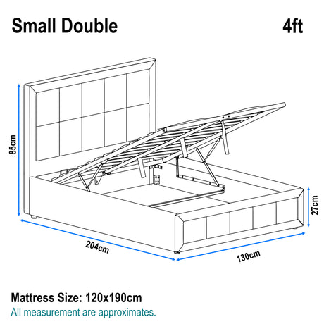 Diagram of a small double bed with dimensions labeled