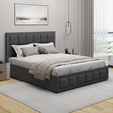 Blisswood Ottoman Bed Frame in a modern bedroom with large windows. Offers hidden storage and stylish design.