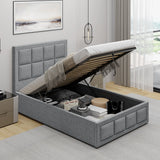 Light grey Single Ottoman Storage Bed with gas lift mechanism raised to reveal spacious under-bed storage for linens, clothes, and accessories.
