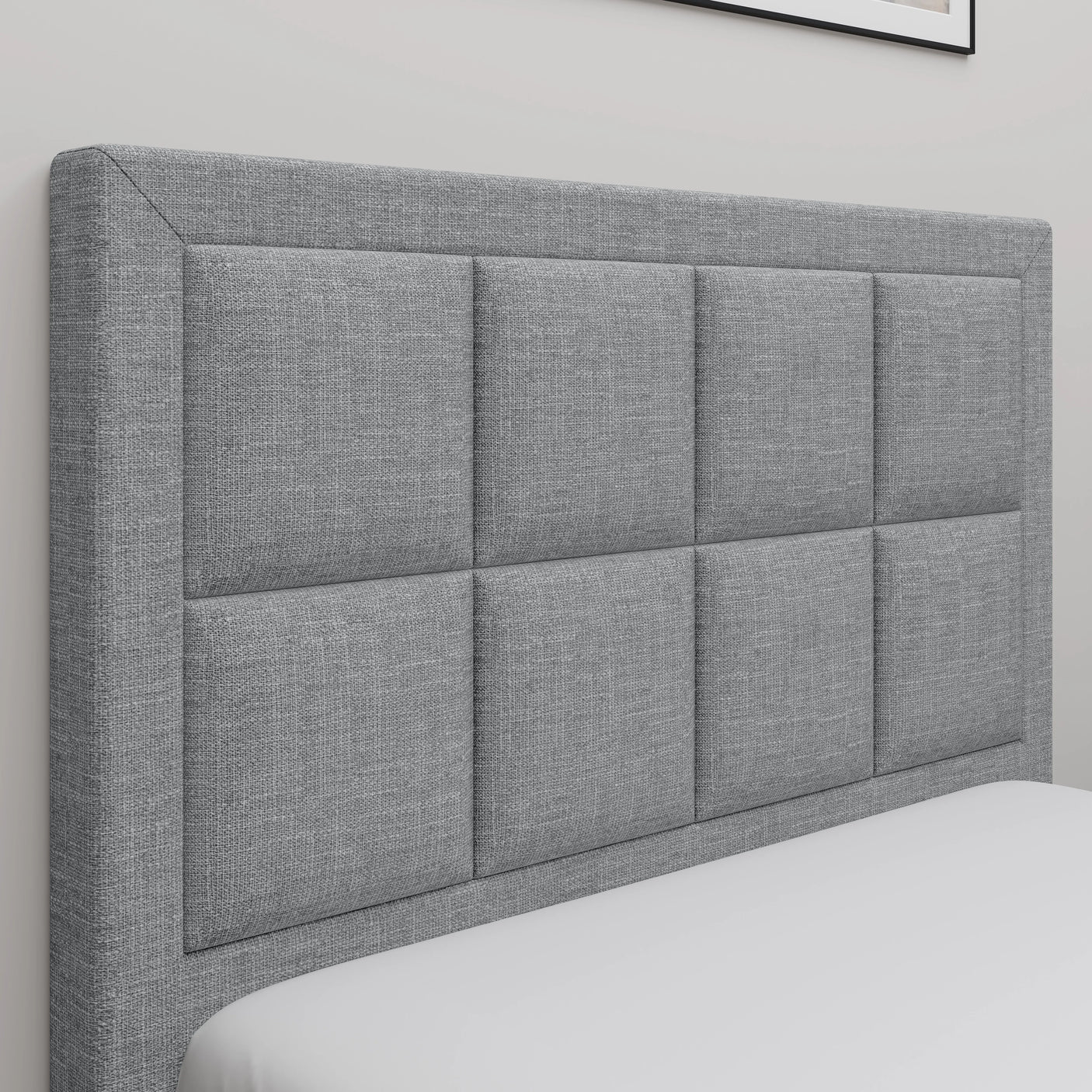 Close-up of the light grey upholstered headboard on the Single Ottoman Bed Frame, showcasing its modern square panel stitching design.