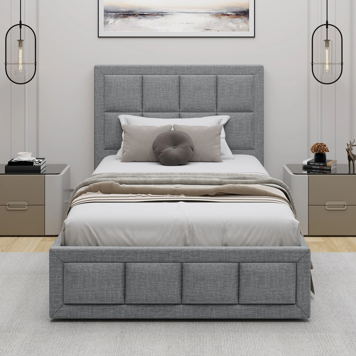Front view of the light grey Single Ottoman Bed with Headboard, styled in a modern bedroom setting with neutral decor and soft lighting.