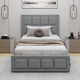 Front view of the light grey Single Ottoman Bed with Headboard, styled in a modern bedroom setting with neutral decor and soft lighting.