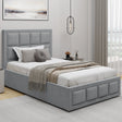 Single Ottoman Bed Frame With Headboard in light grey fabric, featuring a modern panel design and ideal for compact bedrooms or guest rooms.