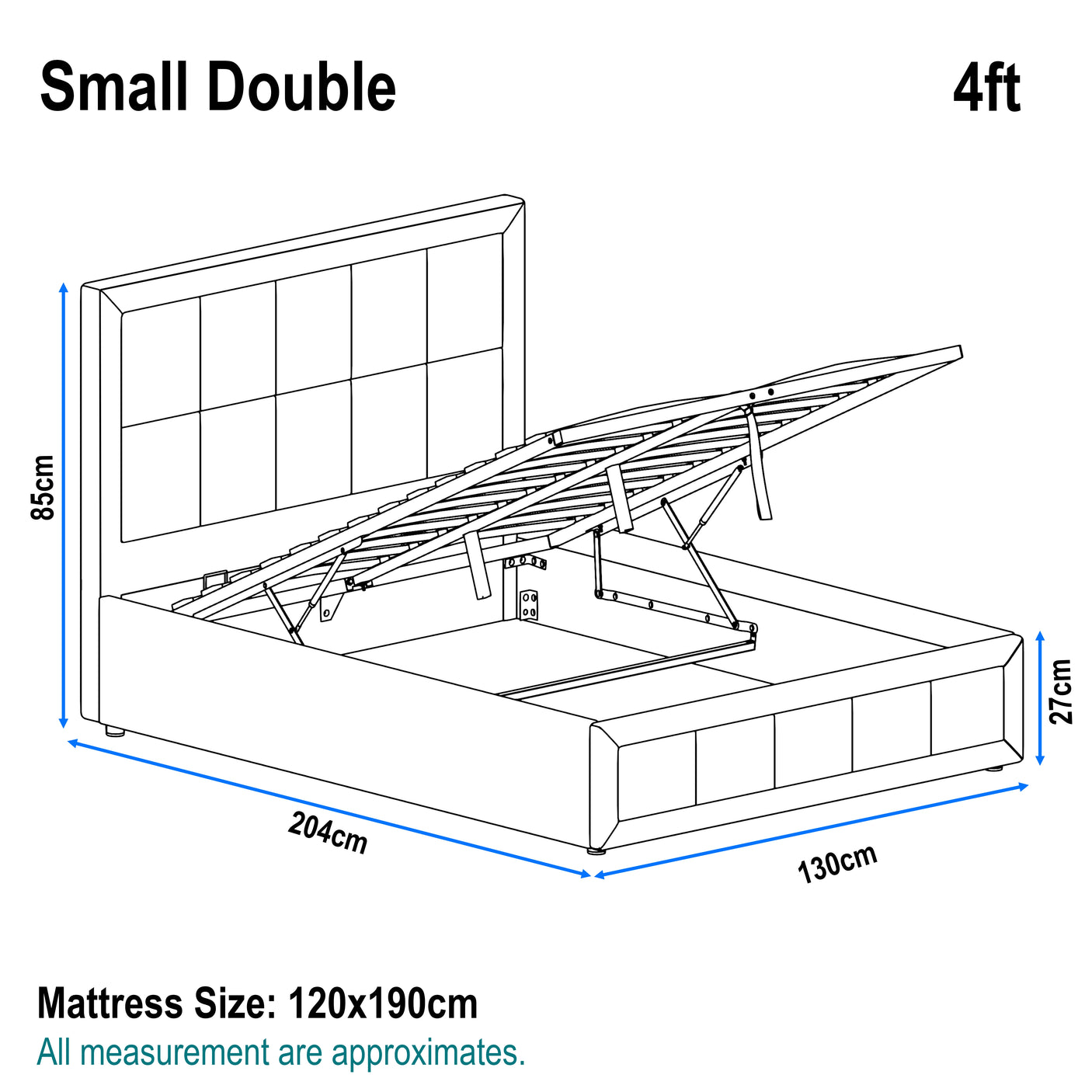 Small Double Ottoman Bed Frame with lift-up storage mechanism, square panel headboard, and 4ft mattress size 120x190cm. Ideal for compact bedrooms.