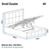 Small Double Ottoman Bed Frame with lift-up storage mechanism, square panel headboard, and 4ft mattress size 120x190cm. Ideal for compact bedrooms.