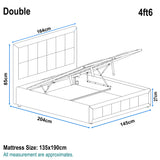 [Double | Grey] Linen ottoman bed dimensions diagram: 204cm length, 145cm width, 85cm height and 164cm width headboard, 27cm base