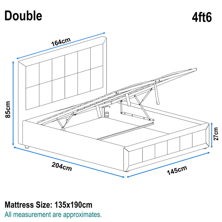 [Double | Grey] Linen ottoman bed dimensions diagram: 204cm length, 145cm width, 85cm height and 164cm width headboard, 27cm base