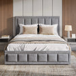 [Double | Grey] Front view of linen storage bed, padded square-grid headboard and panelled footboard rail
