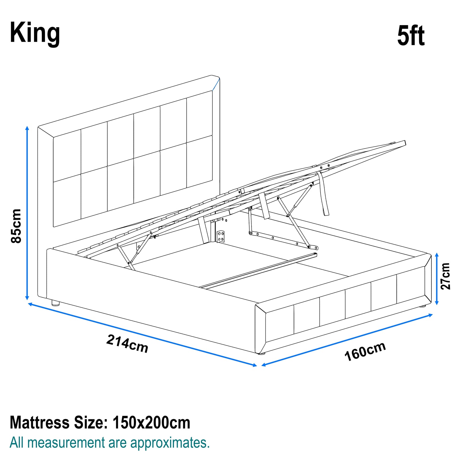 [King | Dark Grey] Dimension diagram King Linen ottoman bed 214x160cm frame with 85cm headboard height