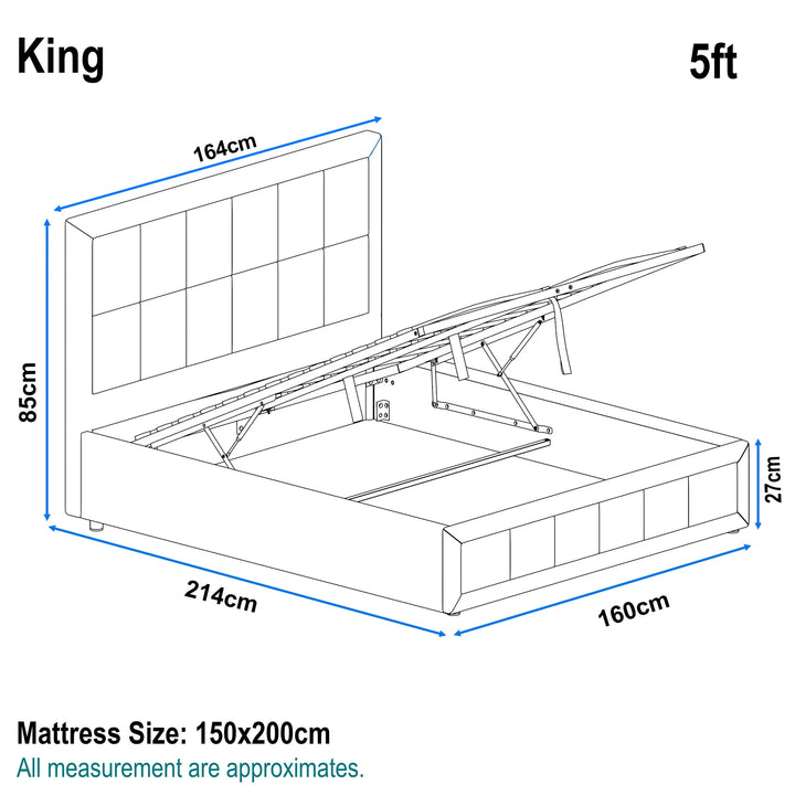 [King | Dark Grey] Dimension diagram King Linen ottoman bed 214x160cm frame with 85cm height and 164 cm width of headboard