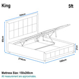 [King | Grey] Linen ottoman bed king dimensions diagram: 214cm long, 160cm wide, 85cm headboard height and 164 cm width, 27cm storage