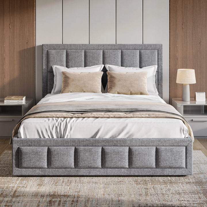 [King | Grey] Linen ottoman bed front on, grid-panel headboard above channel-panel footboard