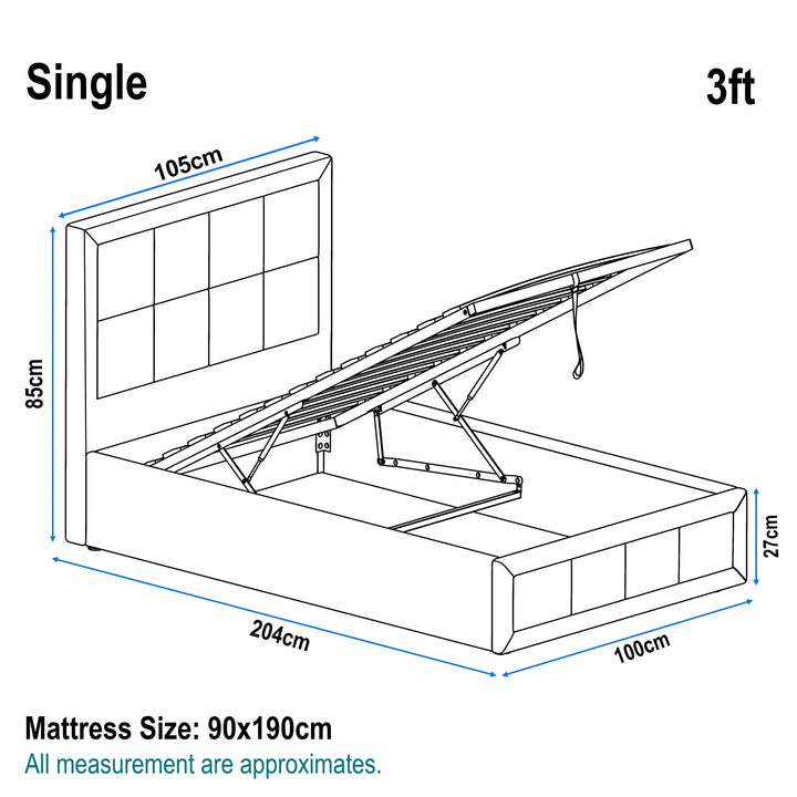 [Single | Dark Grey] Linen ottoman bed single dimensions, 100cm wide by 204cm long by 85cm tall headboard