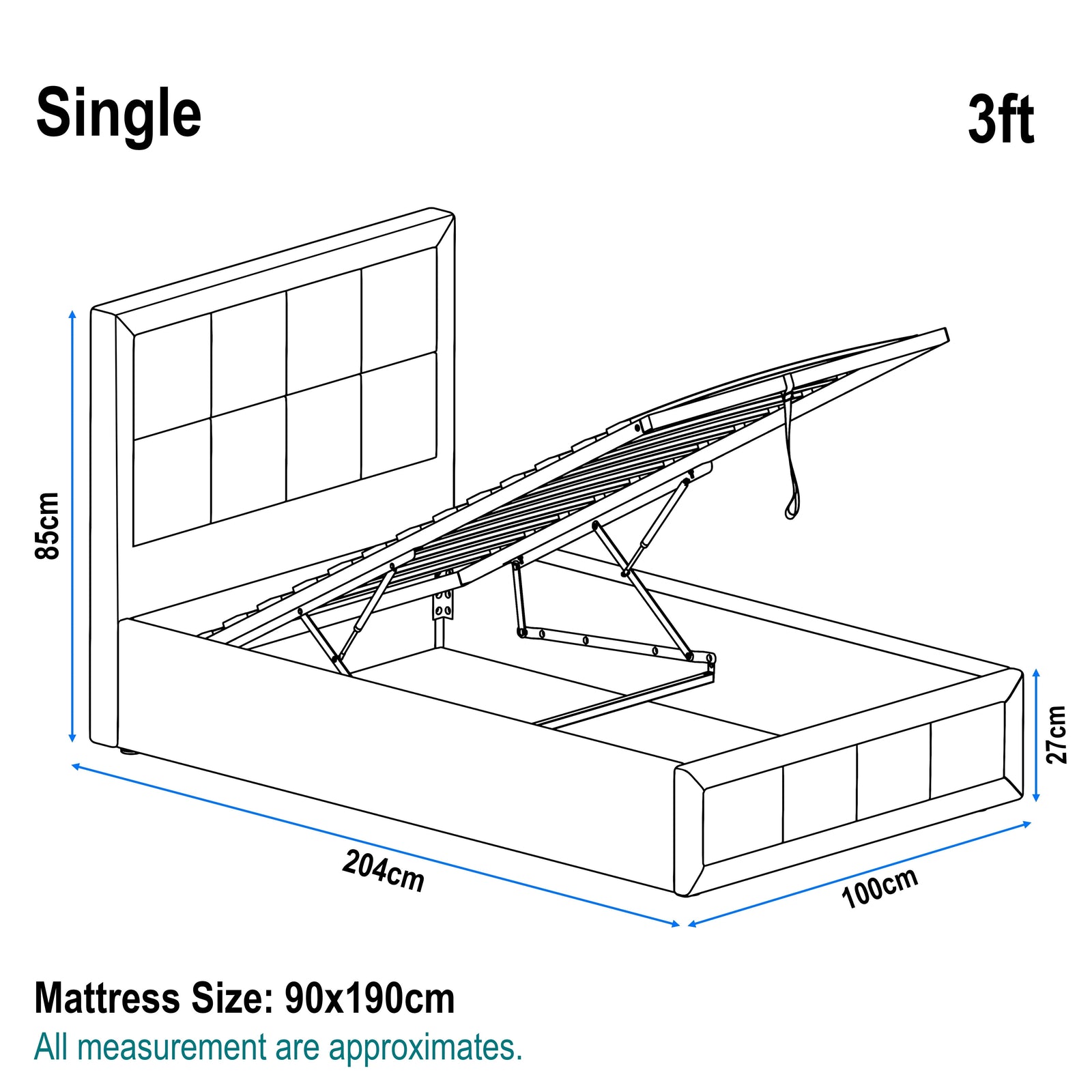[Single | Dark Grey] Linen ottoman bed single dimensions, 100cm wide by 204cm long by 85cm tall headboard