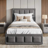 [Single | Dark Grey] Front view of linen ottoman bed single, square-stitched headboard above channel-panelled foot rail