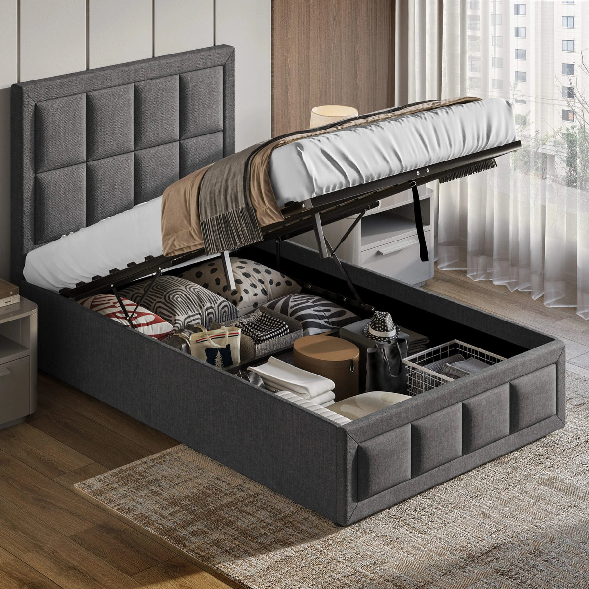 Linen Ottoman Bed Frame End Lift Ottoman Storage Bed Single Dark Grey