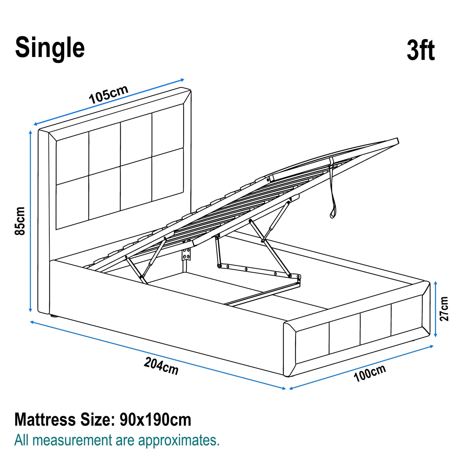 [Single | Grey] Linen ottoman bed single dimensions: 204 x 100 x 85 cm, 27 cm storage depth