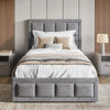 [Single | Grey] Linen ottoman bed front-on with beige pillows, accent cushion and taupe runner across mattress
