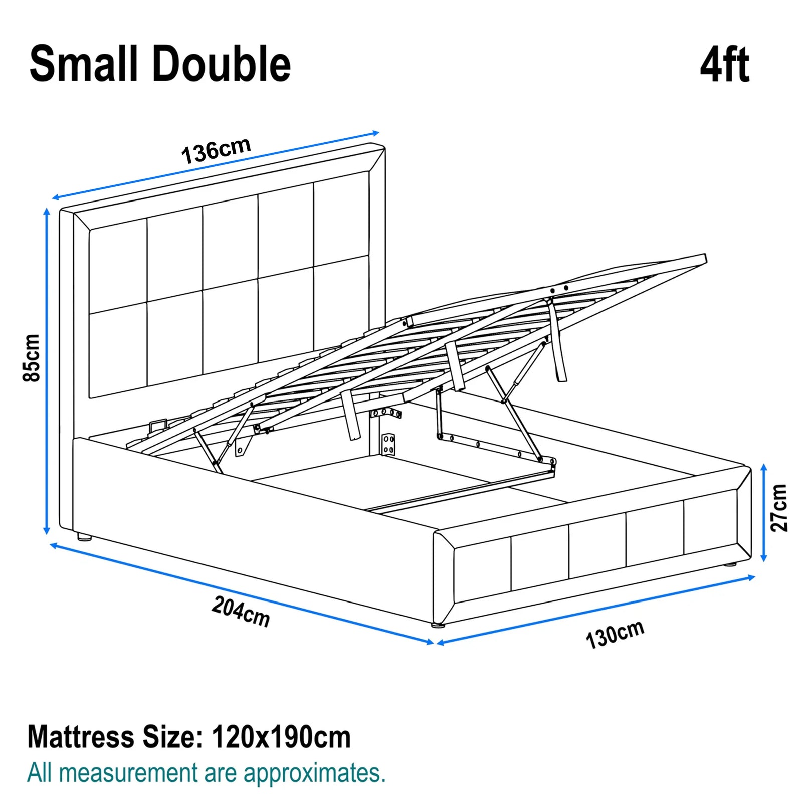 [Small Double | Dark Grey] Dimensions guide illustrating 4ft bed frame at 130cm wide by 204cm long with 85cm high headboard