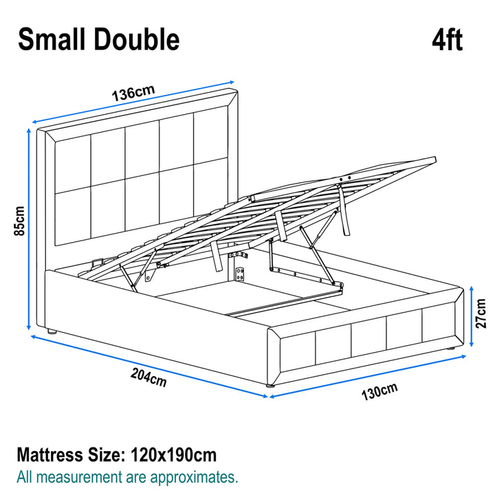 [Small Double | Dark Grey] Dimensions guide illustrating 4ft bed frame at 130cm wide by 204cm long with 85cm high headboard
