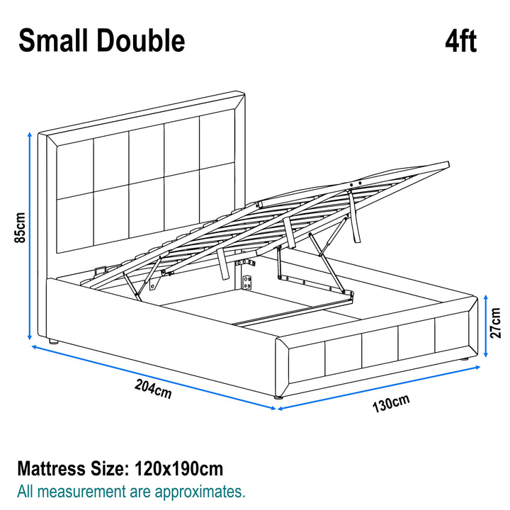 [Small Double | Dark Grey] Dimensions guide illustrating 4ft bed frame at 130cm wide by 204cm long with 85cm high headboard