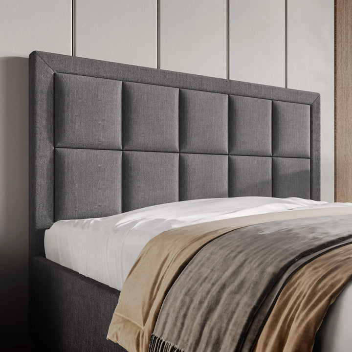 [Small Double | Dark Grey] Close-up of linen ottoman bed headboard showing grid-panel upholstery with channel stitching