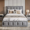 [Small Double | Grey] Linen ottoman bed front-on with three pillows, dark accent cushion and beige runner across bed