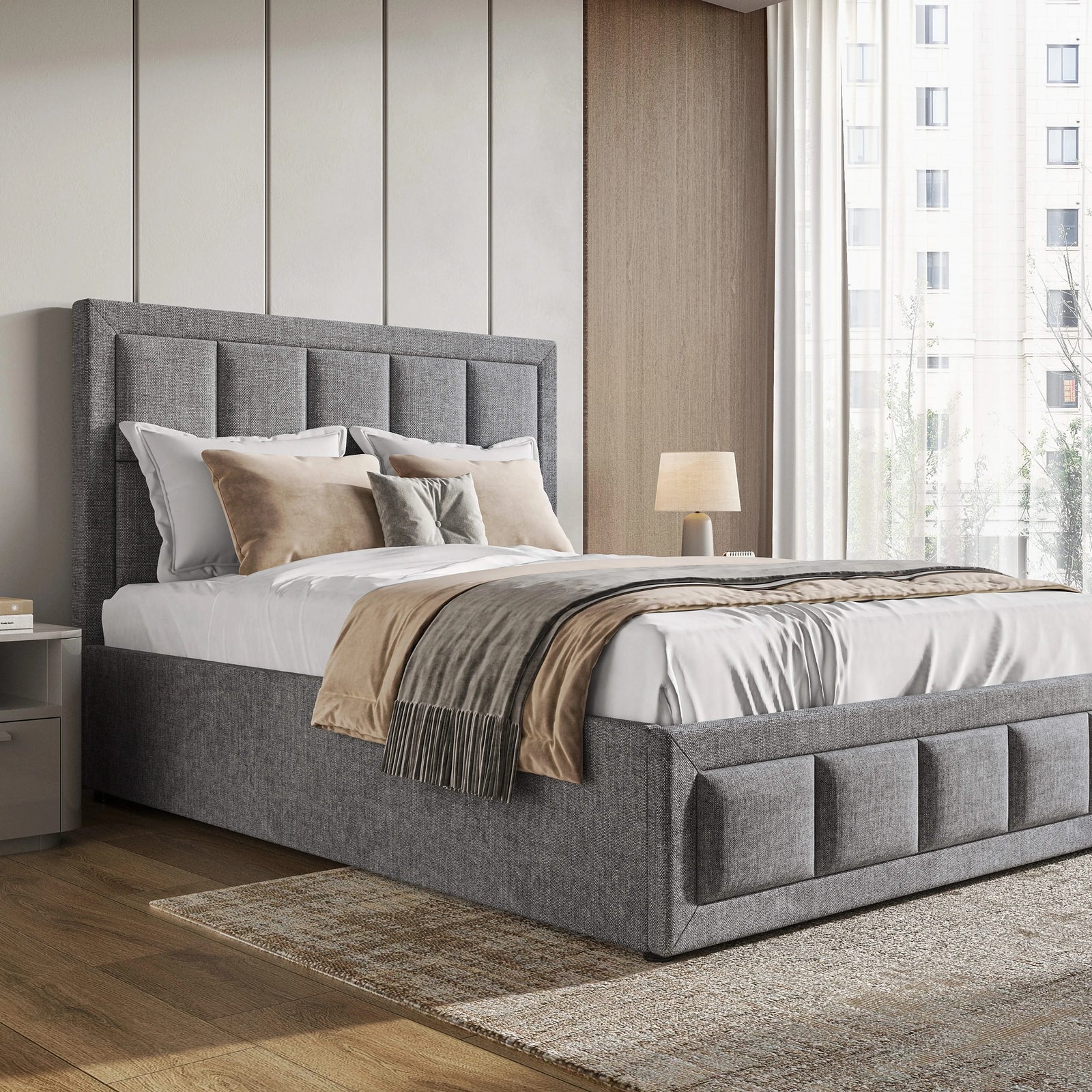 [Small Double | Grey] Linen ottoman bed side angle with beige tasseled throw, accent cushions and bedside lamp