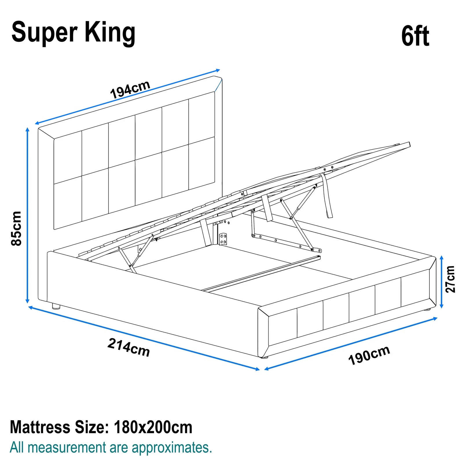 [Super King | Dark Grey] Dimensions guide illustrating 6ft bed frame at 190cm wide by 214cm long with 85cm high headboard and 194cm width
