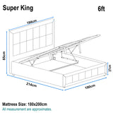 [Super King | Grey] Measurement drawing of super king ottoman bed with overall size 190x214cm and mattress area 180x200cm