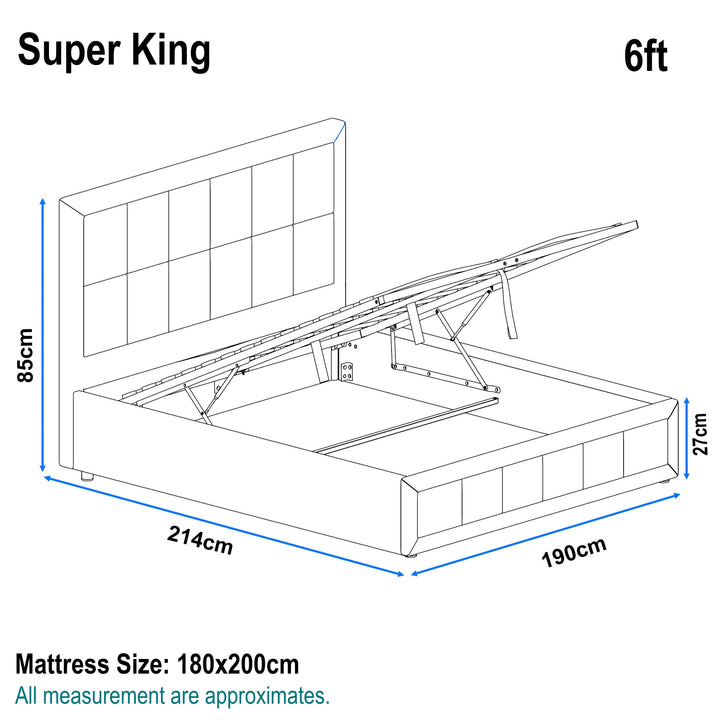 [Super King | Grey] Measurement drawing of super king ottoman bed with overall size 190x214cm and mattress area 180x200cm
