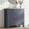 [Blue] Linra 80cm sideboard main front view with round mirror and vases on oak veneer top in a styled room
