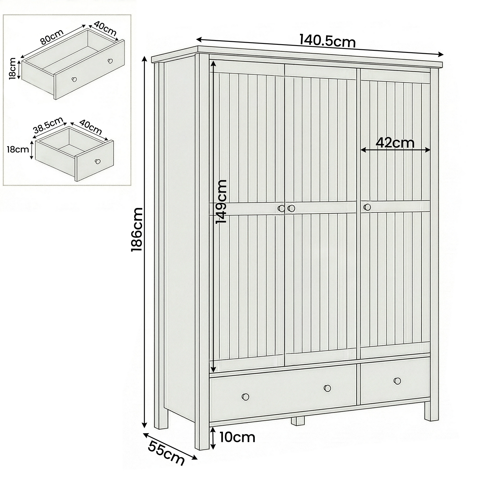 [Black] Linra wardrobe dimensions: 140.5 x 55 x 188 cm with internal hanging 146.5 cm and drawer 60 x 36 x 14cm