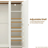 [White] Linra wardrobe interior showing five adjustable shelves with highlighted repositioning slots for flexible storage