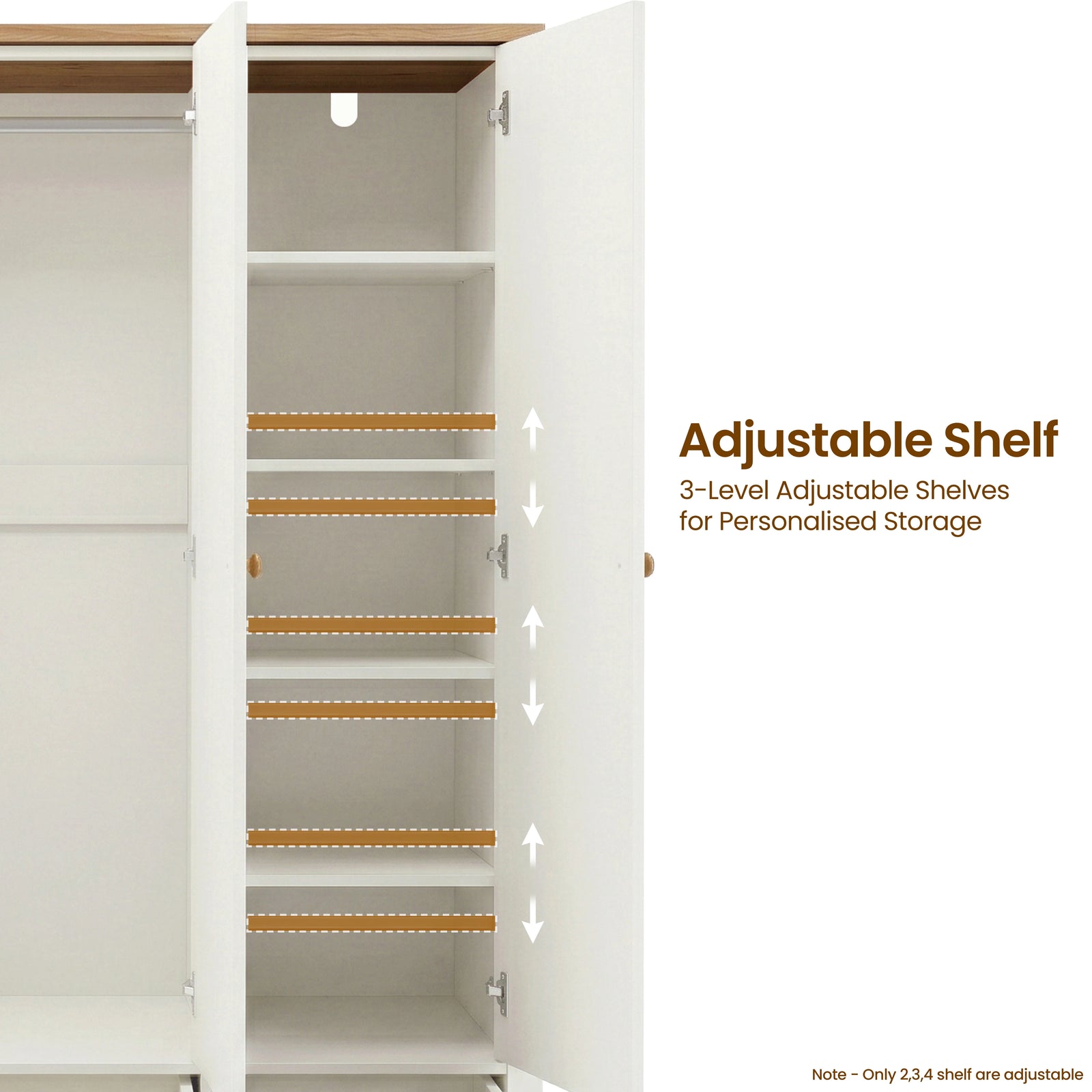 [White] Linra wardrobe interior showing five adjustable shelves with highlighted repositioning slots for flexible storage