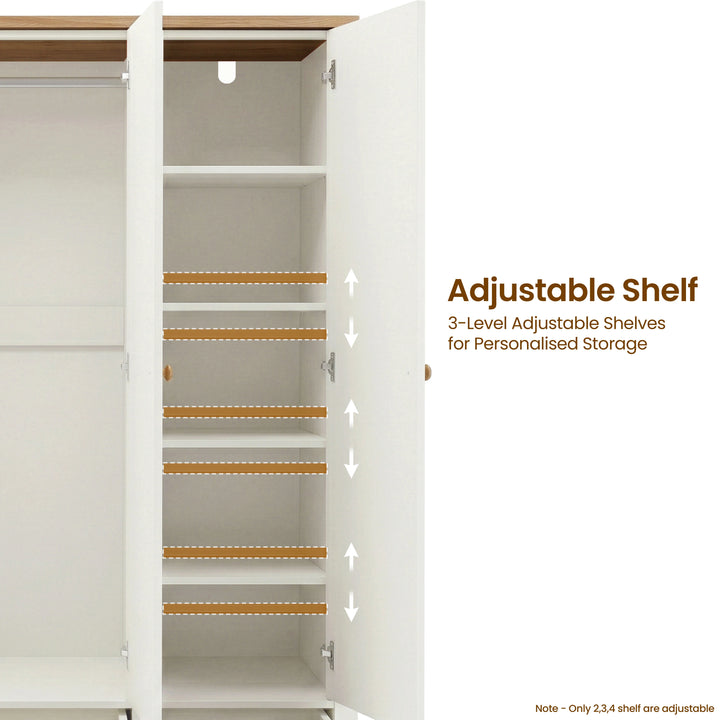 [White] Linra wardrobe interior showing five adjustable shelves with highlighted repositioning slots for flexible storage