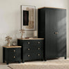[Black] Linra bedroom furniture set with 2-door wardrobe, 3-drawer chest and bedside in black with oak tops