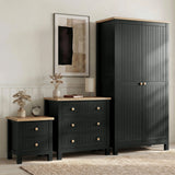 [Black] Linra bedroom furniture set with 2-door wardrobe, 3-drawer chest and bedside in black with oak tops